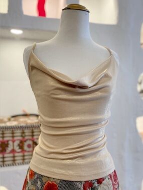 90s Y2K Vintage Gold Shimmery Cowl Neck Spaghetti Strap Tank Top with Stretch